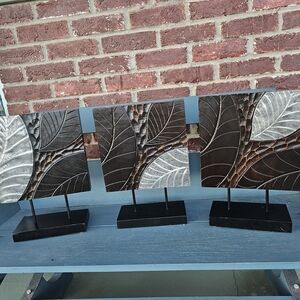 Set of 3 Leaf Relief Metal Tabletop Sculptures - Brown & Silver